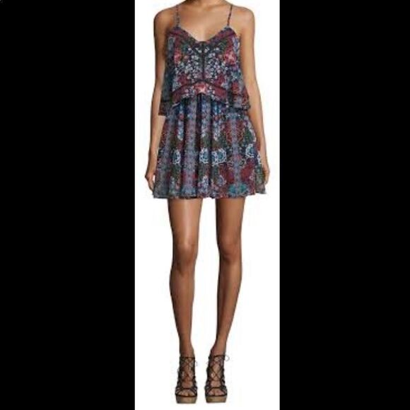 N/Nicholas Floral Boho Tier Adjustable Tie Strap Mini Eyelet Dress w Pockets - Picture 1 of 8